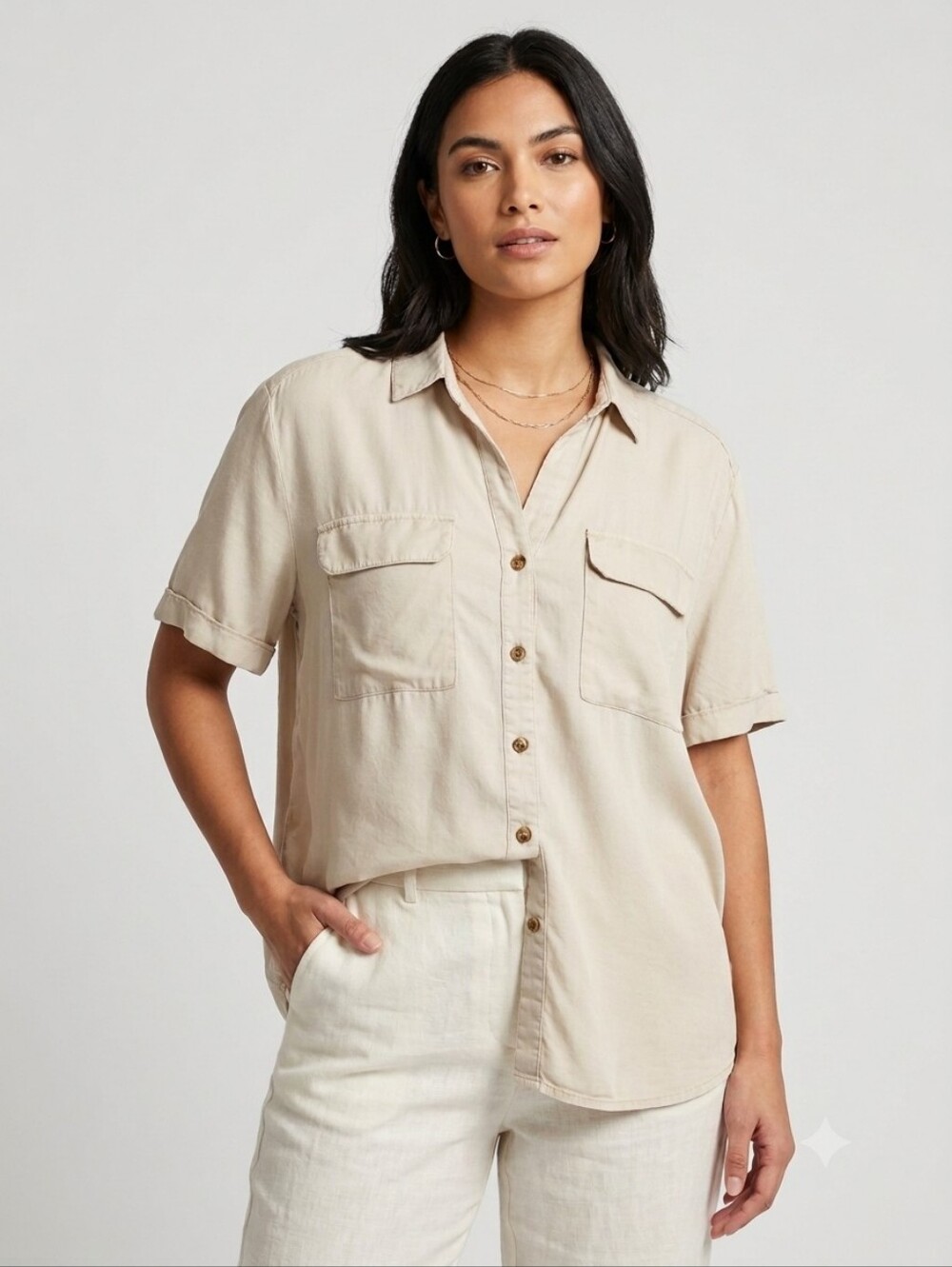 Jane + Delancey Beige 100% Lyocell Short Sleeve Button Down Shirt Top XL